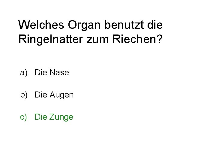 Welches Organ benutzt die Ringelnatter zum Riechen? a) Die Nase b) Die Augen c)