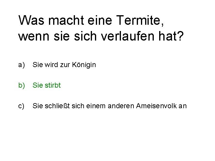 Was macht eine Termite, wenn sie sich verlaufen hat? a) Sie wird zur Königin