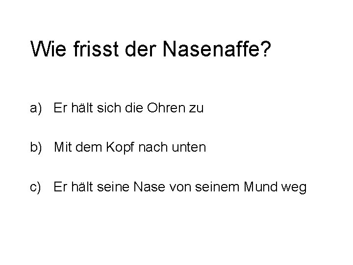 Wie frisst der Nasenaffe? a) Er hält sich die Ohren zu b) Mit dem