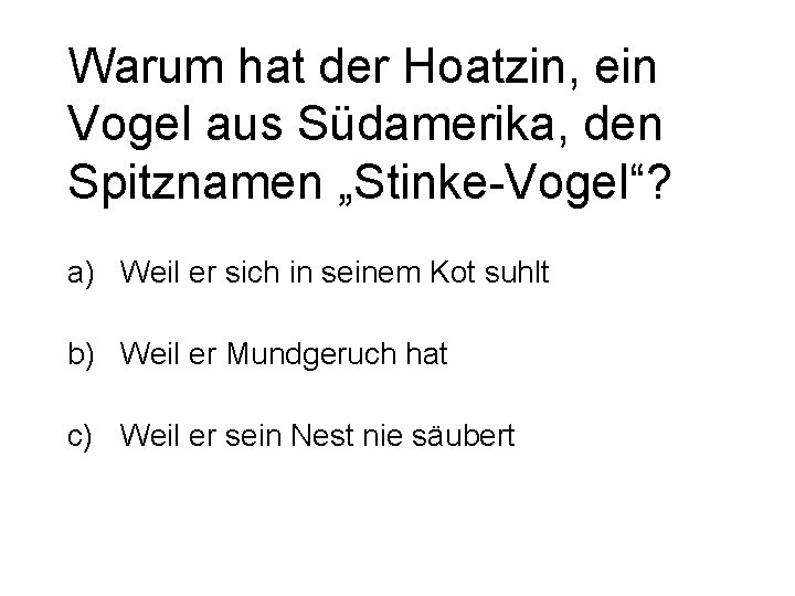 Warum hat der Hoatzin, ein Vogel aus Südamerika, den Spitznamen „Stinke-Vogel“? a) Weil er