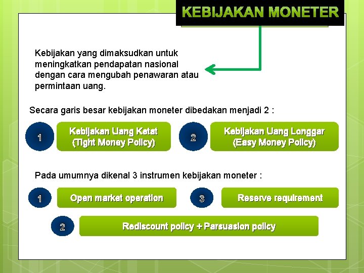 Kebijakan yang dimaksudkan untuk meningkatkan pendapatan nasional dengan cara mengubah penawaran atau permintaan uang.