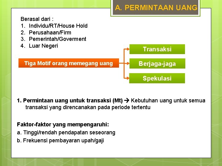 A. PERMINTAAN UANG Berasal dari : 1. Individu/RT/House Hold 2. Perusahaan/Firm 3. Pemerintah/Goverment 4.