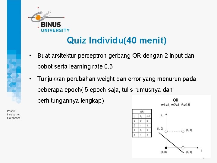 Quiz Individu(40 menit) • Buat arsitektur perceptron gerbang OR dengan 2 input dan bobot