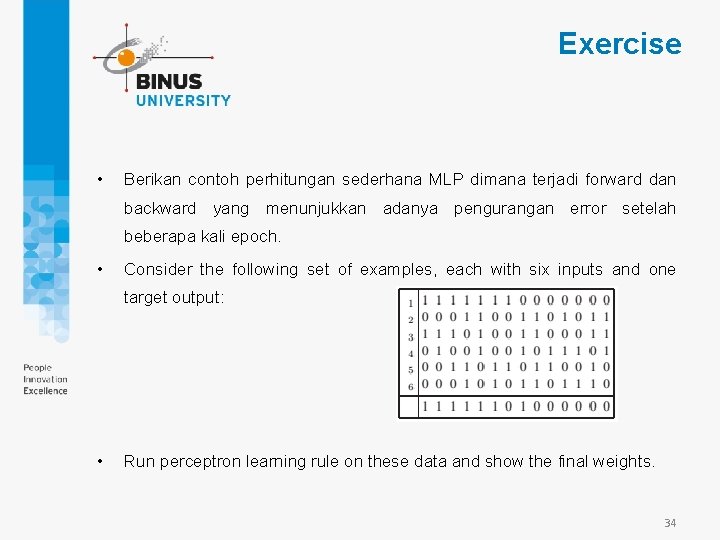 Exercise • Berikan contoh perhitungan sederhana MLP dimana terjadi forward dan backward yang menunjukkan