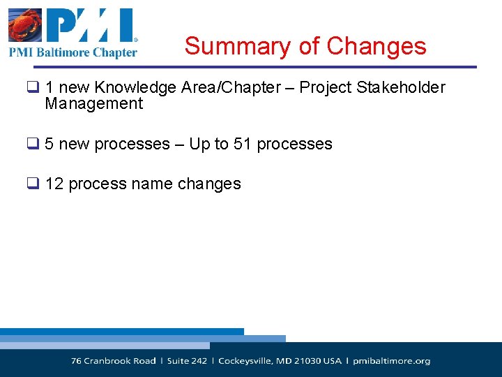 Summary of Changes q 1 new Knowledge Area/Chapter – Project Stakeholder Management q 5