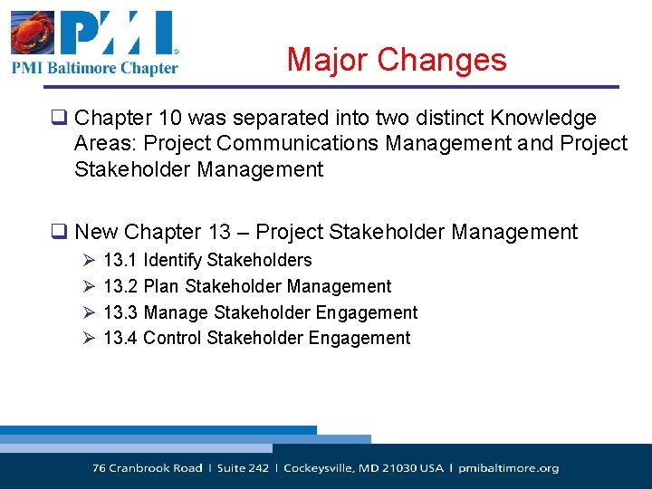 Major Changes q Chapter 10 was separated into two distinct Knowledge Areas: Project Communications