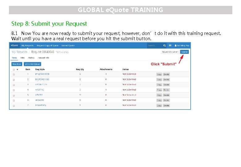 GLOBAL e. Quote TRAINING Step 8: Submit your Request 8. 1 Now You are