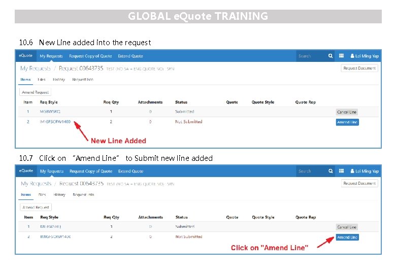 GLOBAL e. Quote TRAINING 10. 6 New Line added into the request 10. 7