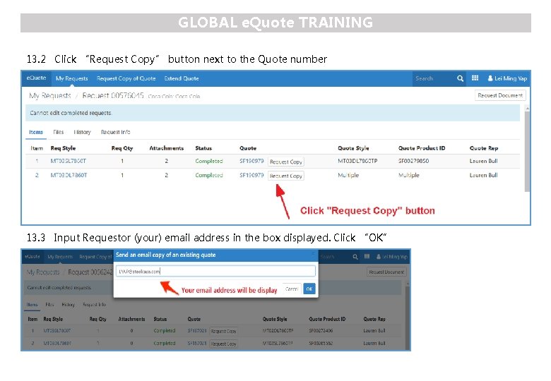 GLOBAL e. Quote TRAINING 13. 2 Click “Request Copy” button next to the Quote