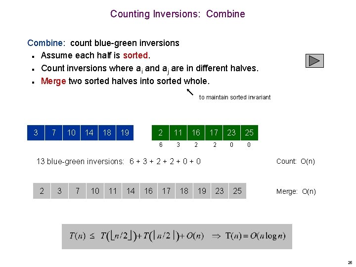 Counting Inversions: Combine: count blue-green inversions Assume each half is sorted. Count inversions where