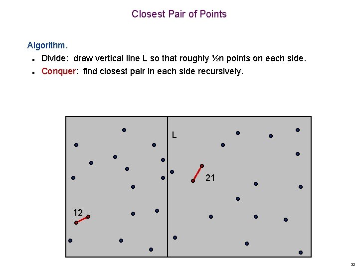 Closest Pair of Points Algorithm. Divide: draw vertical line L so that roughly ½n