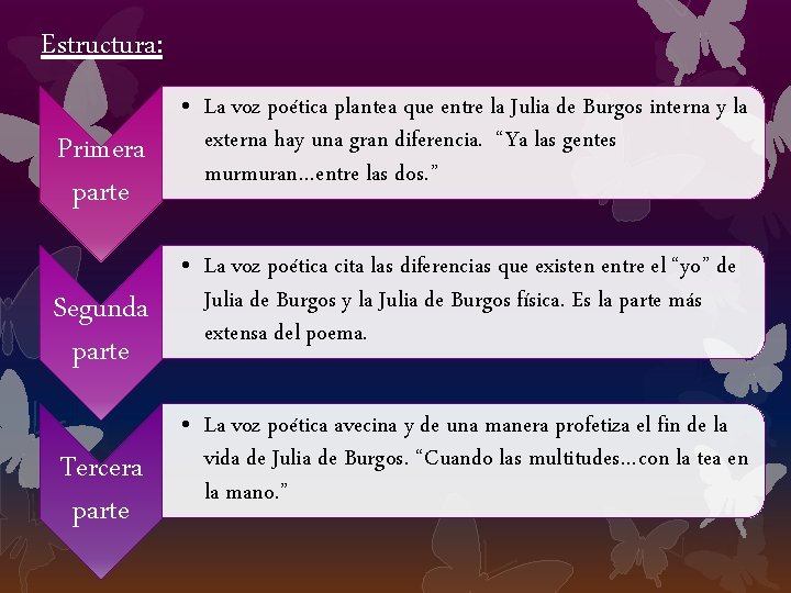 Estructura: Primera parte Segunda parte Tercera parte • La voz poética plantea que entre