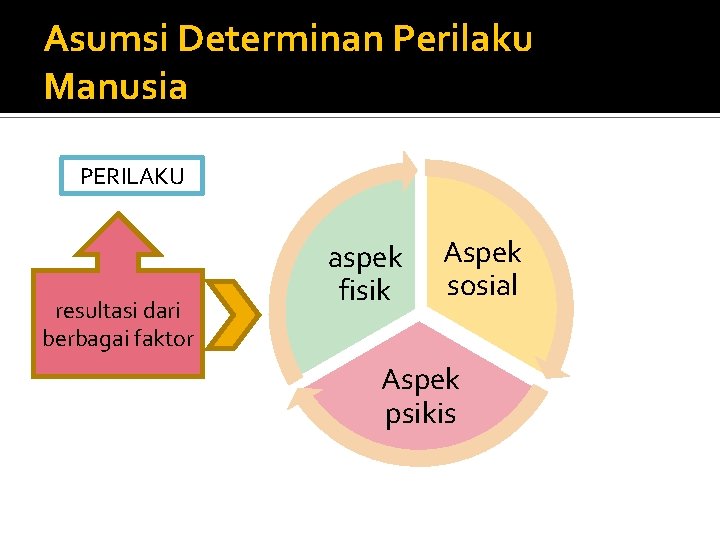 Asumsi Determinan Perilaku Manusia PERILAKU resultasi dari berbagai faktor aspek fisik Aspek sosial Aspek