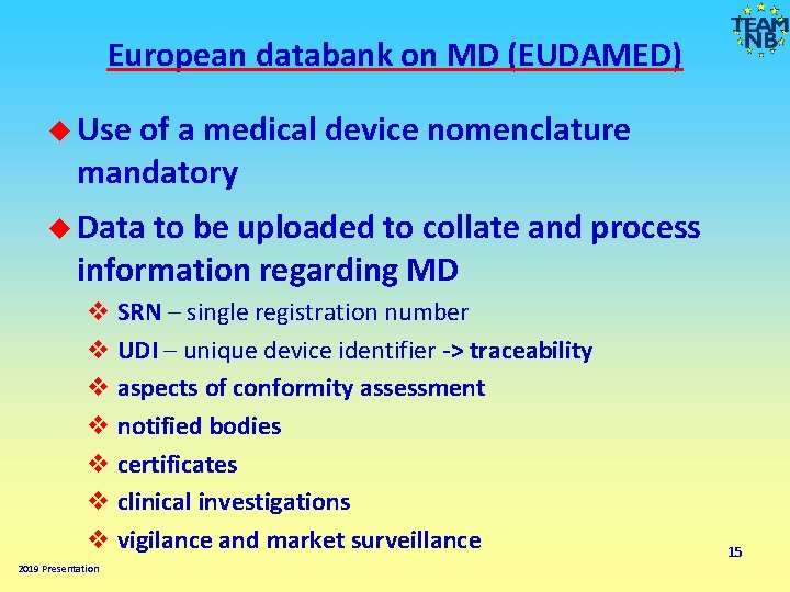 European databank on MD (EUDAMED) Use of a medical device nomenclature mandatory Data to