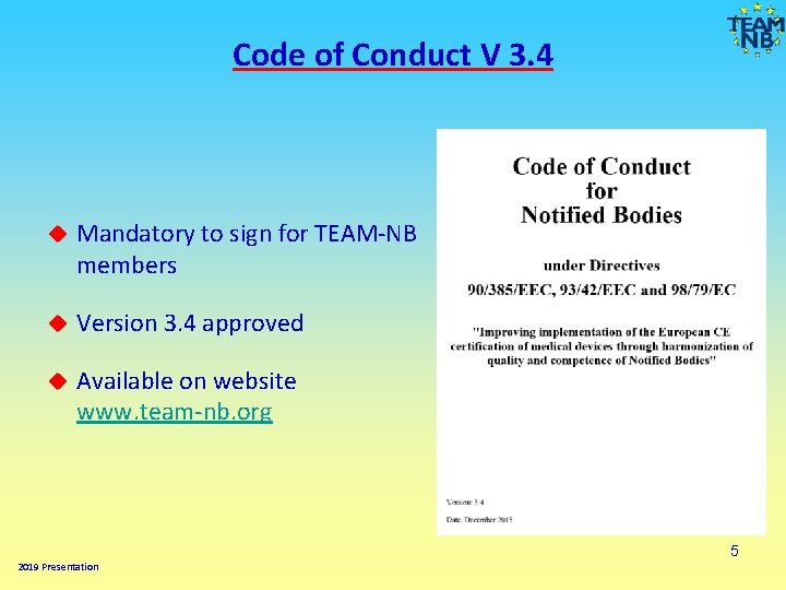 Code of Conduct V 3. 4 Mandatory to sign for TEAM-NB members Version 3.
