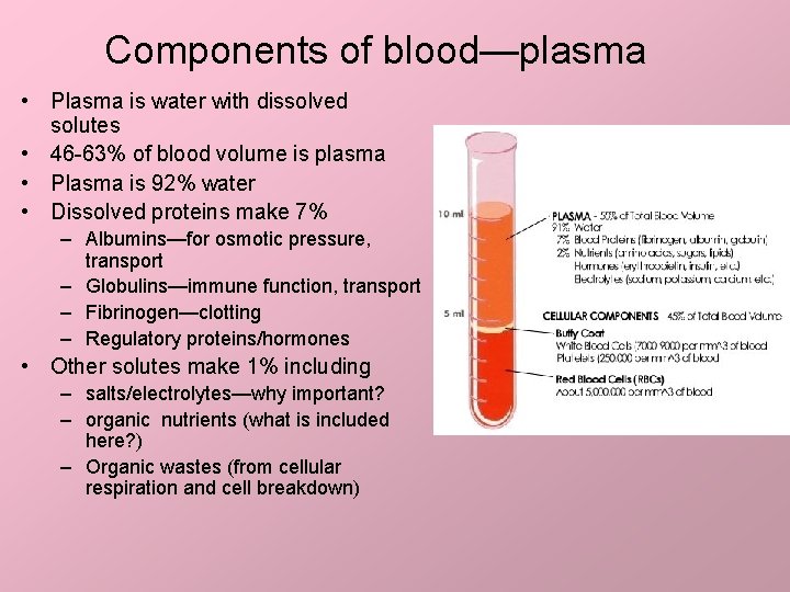 Components of blood—plasma • Plasma is water with dissolved solutes • 46 -63% of