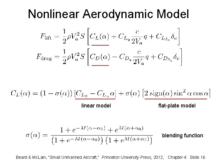 Nonlinear Aerodynamic Model linear model flat-plate model blending function Beard & Mc. Lain, “Small