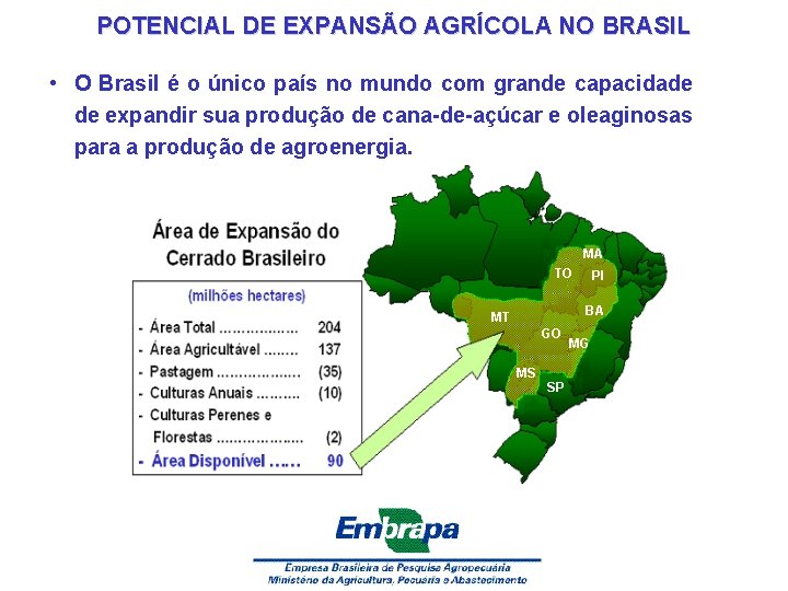 POTENCIAL DE EXPANSÃO AGRÍCOLA NO BRASIL • O Brasil é o único país no