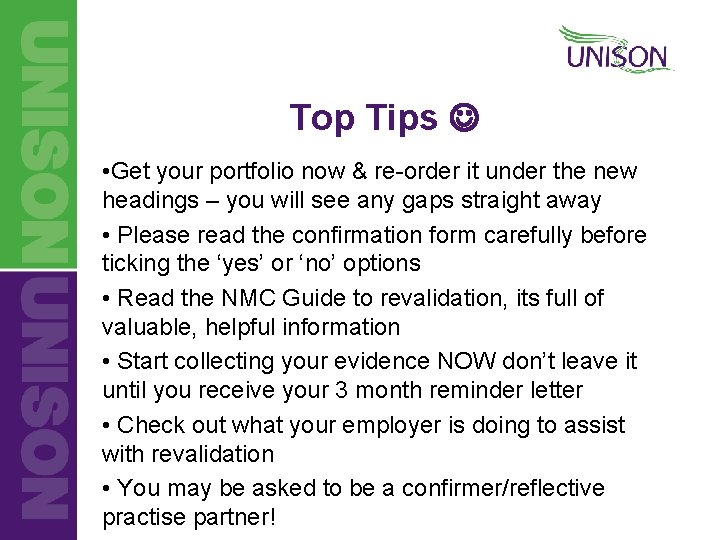 Top Tips • Get your portfolio now & re-order it under the new headings