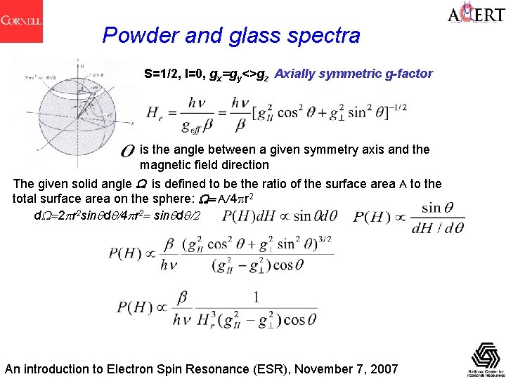 Powder and glass spectra S=1/2, I=0, gx=gy<>gz Axially symmetric g-factor is the angle between