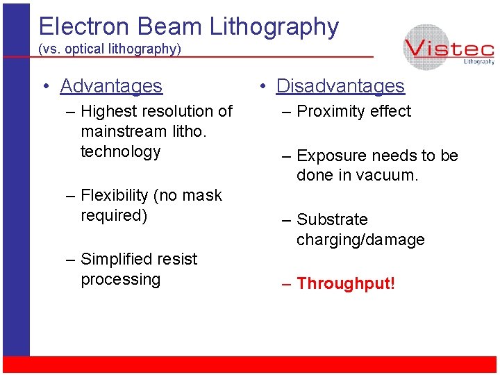 Electron Beam Lithography (vs. optical lithography) • Advantages – Highest resolution of mainstream litho.