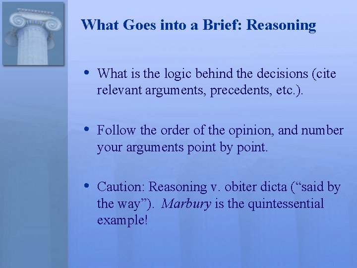 What Goes into a Brief: Reasoning • What is the logic behind the decisions