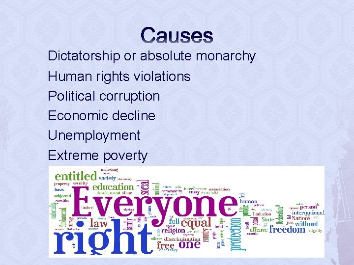 Causes Dictatorship or absolute monarchy Human rights violations Political corruption Economic decline Unemployment Extreme