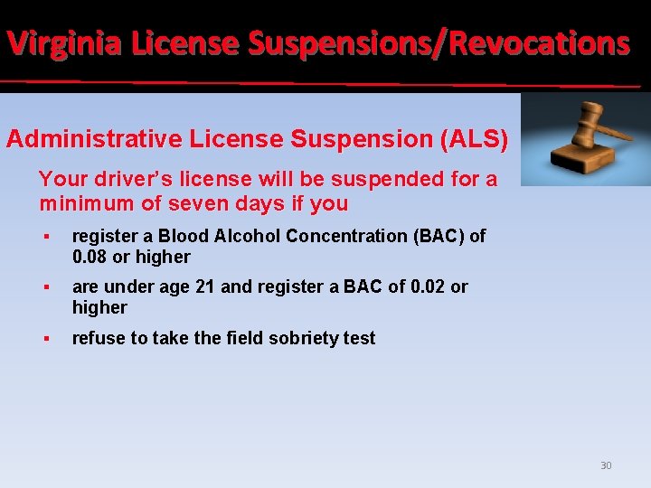 Virginia License Suspensions/Revocations Administrative License Suspension (ALS) Your driver’s license will be suspended for