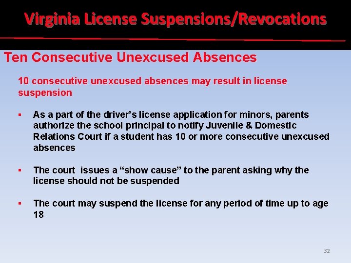 Virginia License Suspensions/Revocations Ten Consecutive Unexcused Absences 10 consecutive unexcused absences may result in