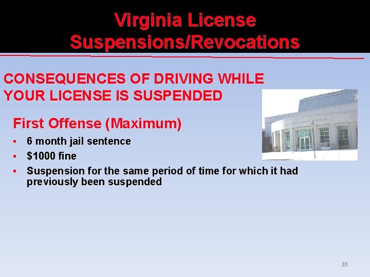 Virginia License Suspensions/Revocations CONSEQUENCES OF DRIVING WHILE YOUR LICENSE IS SUSPENDED First Offense (Maximum)