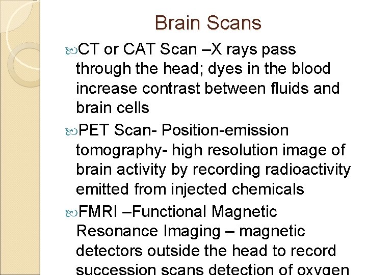 Brain Scans CT or CAT Scan –X rays pass through the head; dyes in