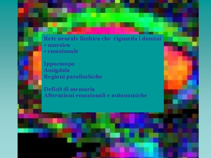 Rete neurale limbica che riguarda i domini • mnesico • emozionale Ippocampo Amigdala Regioni