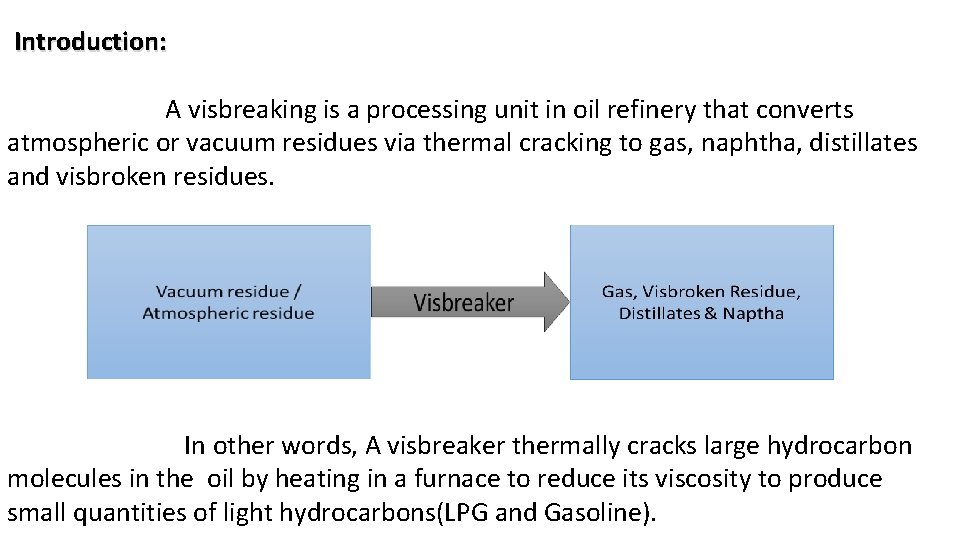 Introduction: A visbreaking is a processing unit in oil refinery that converts atmospheric Introduction: A visbreaking is a processing unit in oil refinery that converts atmospheric