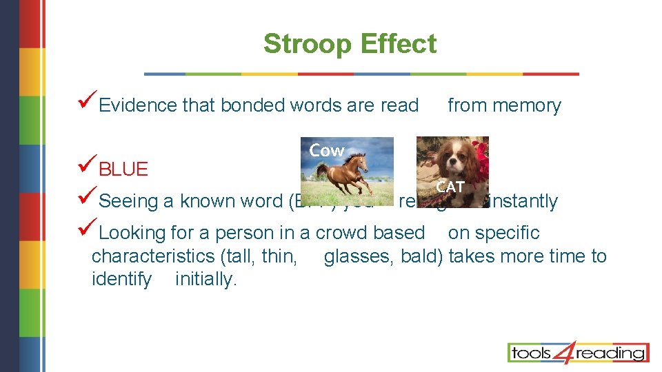 Stroop Effect üEvidence that bonded words are read from memory Cow üBLUE COW CAT