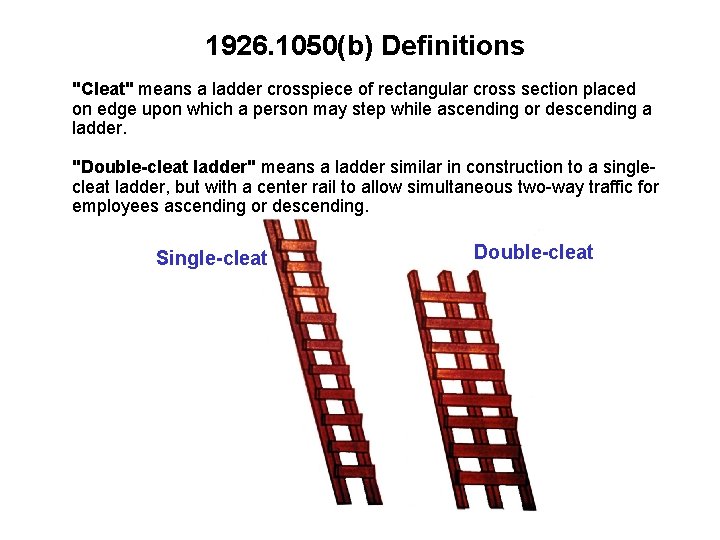 1926. 1050(b) Definitions "Cleat" means a ladder crosspiece of rectangular cross section placed on 1926. 1050(b) Definitions "Cleat" means a ladder crosspiece of rectangular cross section placed on