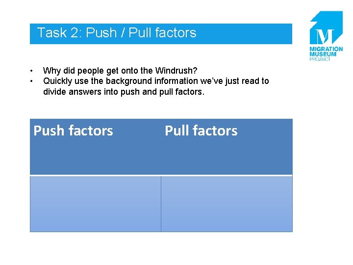 Task 2: Push / Pull factors • • Why did people get onto the