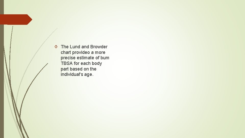  The Lund and Browder chart provideo a more precise estimate of bum TBSA