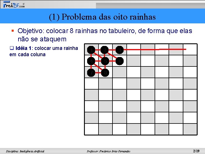 (1) Problema das oito rainhas § Objetivo: colocar 8 rainhas no tabuleiro, de forma