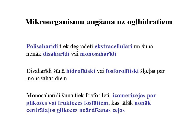 Mikroorganismu augšana uz ogļhidrātiem Polisaharīdi tiek degradēti ekstracellulāri un šūnā nonāk disaharīdi vai monosaharīdi