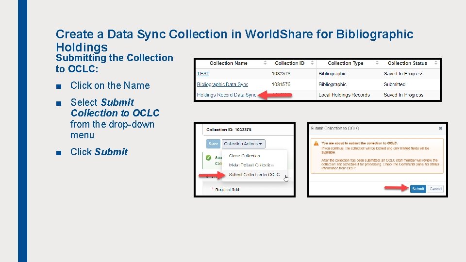 Create a Data Sync Collection in World. Share for Bibliographic Holdings Submitting the Collection