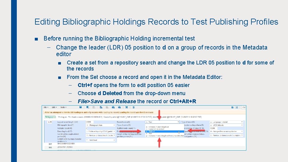 Editing Bibliographic Holdings Records to Test Publishing Profiles ■ Before running the Bibliographic Holding