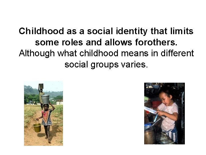 Childhood as a social identity that limits some roles and allows forothers. Although what
