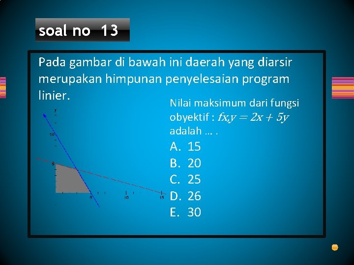 soal no 13 Pada gambar di bawah ini daerah yang diarsir merupakan himpunan penyelesaian