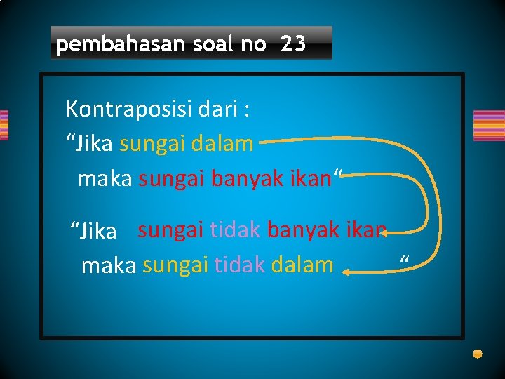 pembahasan soal no 23 Kontraposisi dari : “Jika sungai dalam maka sungai banyak ikan“