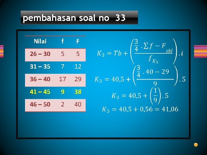 pembahasan soal no 33 Nilai f F 26 – 30 5 5 31 –