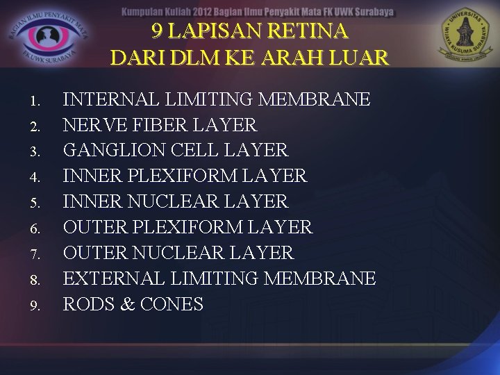 9 LAPISAN RETINA DARI DLM KE ARAH LUAR 1. 2. 3. 4. 5. 6.