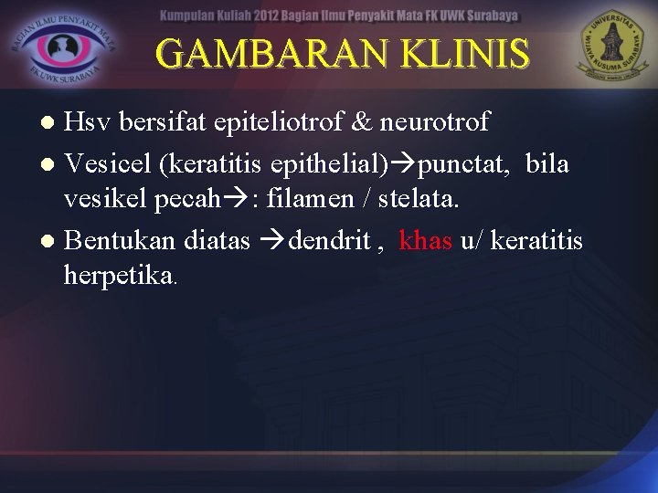 GAMBARAN KLINIS Hsv bersifat epiteliotrof & neurotrof l Vesicel (keratitis epithelial) punctat, bila vesikel
