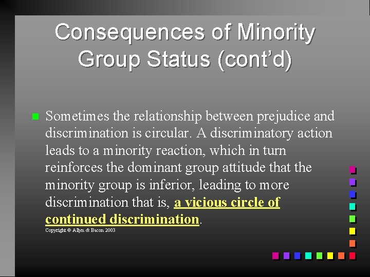 Consequences of Minority Group Status (cont’d) Sometimes the relationship between prejudice and discrimination is