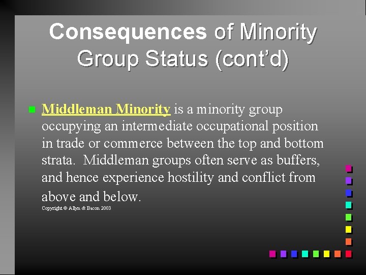 Consequences of Minority Group Status (cont’d) Middleman Minority is a minority group occupying an