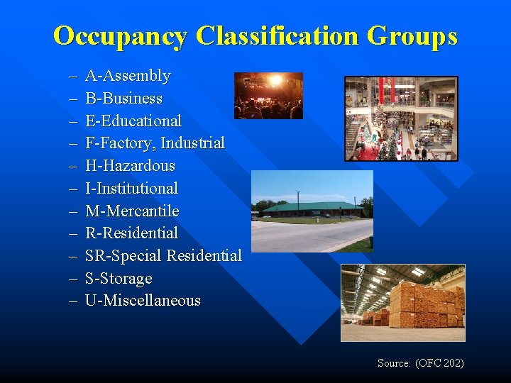 Occupancy Classification Groups – – – A-Assembly B-Business E-Educational F-Factory, Industrial H-Hazardous I-Institutional M-Mercantile Occupancy Classification Groups – – – A-Assembly B-Business E-Educational F-Factory, Industrial H-Hazardous I-Institutional M-Mercantile